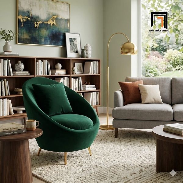 sofa, ghế sofa, sofa đơn xanh lá vải nhung, sofa đơn trang trí tiệm shop xinh xắn, sofa đơn đặt tại sảnh chờ