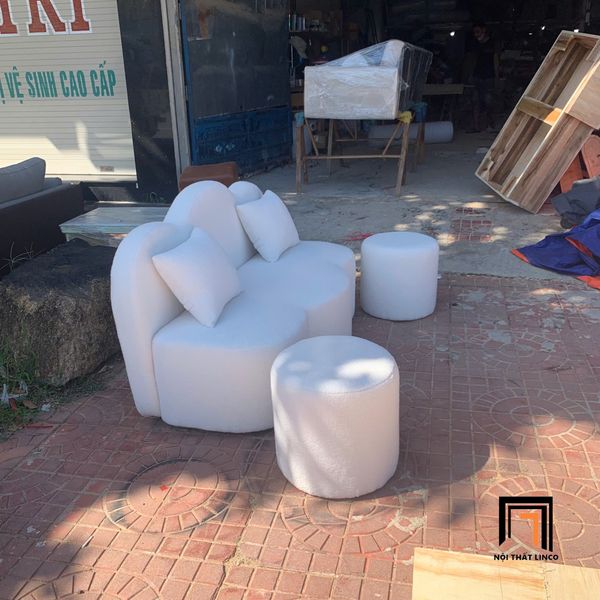 sofa, ghế sofa, sofa băng cong, sofa băng 1m4, ghế sofa màu trắng kem, sofa chờ cho tiệm shop, sofa xinh xắn