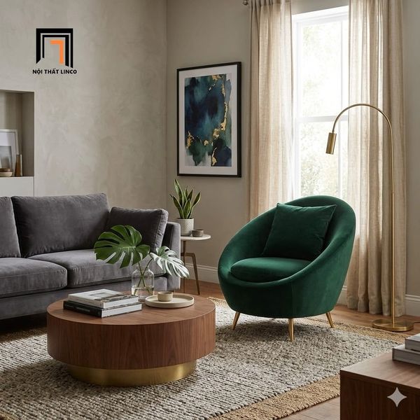 sofa, ghế sofa, sofa đơn xanh lá vải nhung, sofa đơn trang trí tiệm shop xinh xắn, sofa đơn đặt tại sảnh chờ