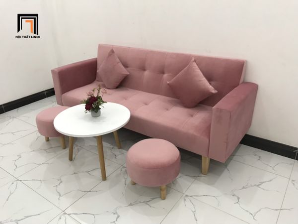 sofa, ghế sofa, bộ ghế sofa giường, sofa bed, sofa giường nằm dài 2m, sofa màu hồng, ghế sofa vải nhung