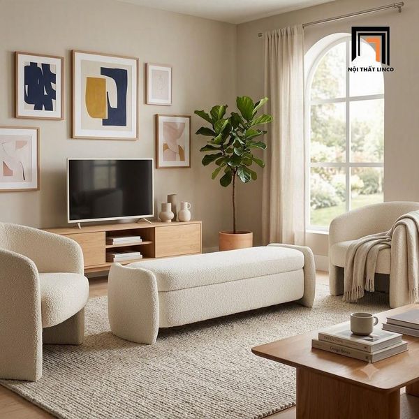 sofa, ghế sofa, sofa bench, sofa đôn vải nỉ, ghế sofa bench vải nỉ trắng kem