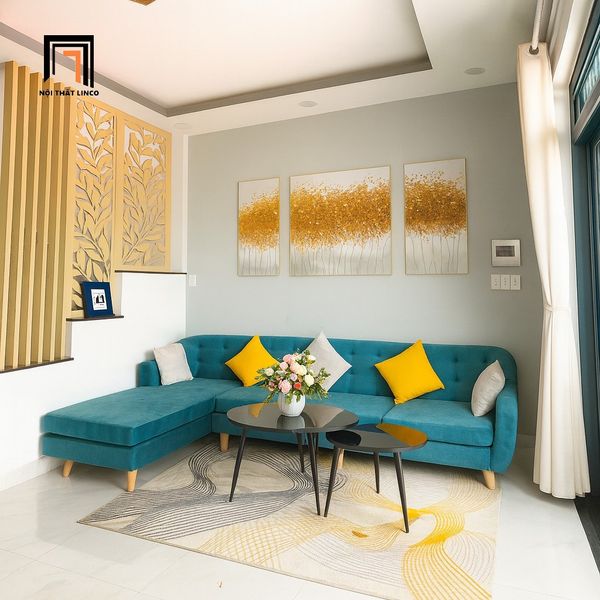 sofa, ghế sofa, sofa góc vải nhung xanh lá, sofa góc 3m x 1m6, bộ ghế sofa giá rẻ, sofa góc xinh xắn