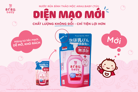 THAY ĐỔI BAO BÌ NƯỚC RỬA BÌNH THẢO MỘC ARAU.BABY - TÚI 450ML:  DIỆN MẠO MỚI - CHẤT LƯỢNG VẸN NGUYÊN