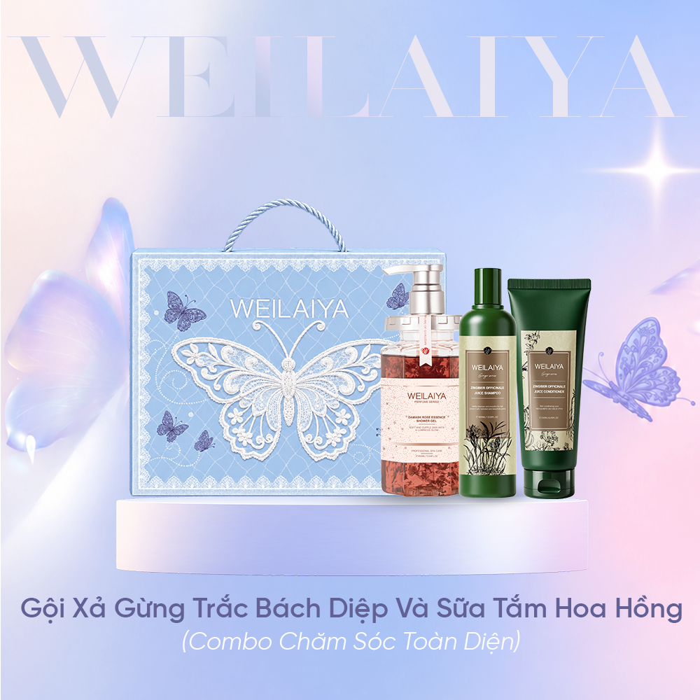 Hộp quà tặng cao cấp Weilaiya: “The Butterfly of Dreams” - Bộ gội xả Gừng Lá Trắc Bách Diệp và Sữa tắm Hoa Hồng Weilaiya
