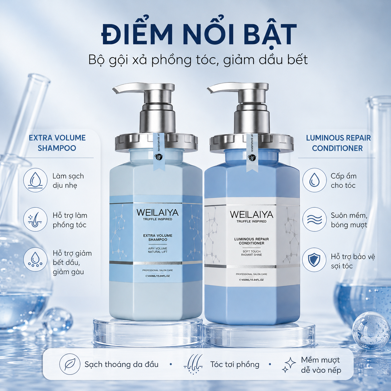 Điểm nổi bật Bộ Gội Xả Weilaiya Extra Volume & Luminous Repair (Shampoo & Conditioner)