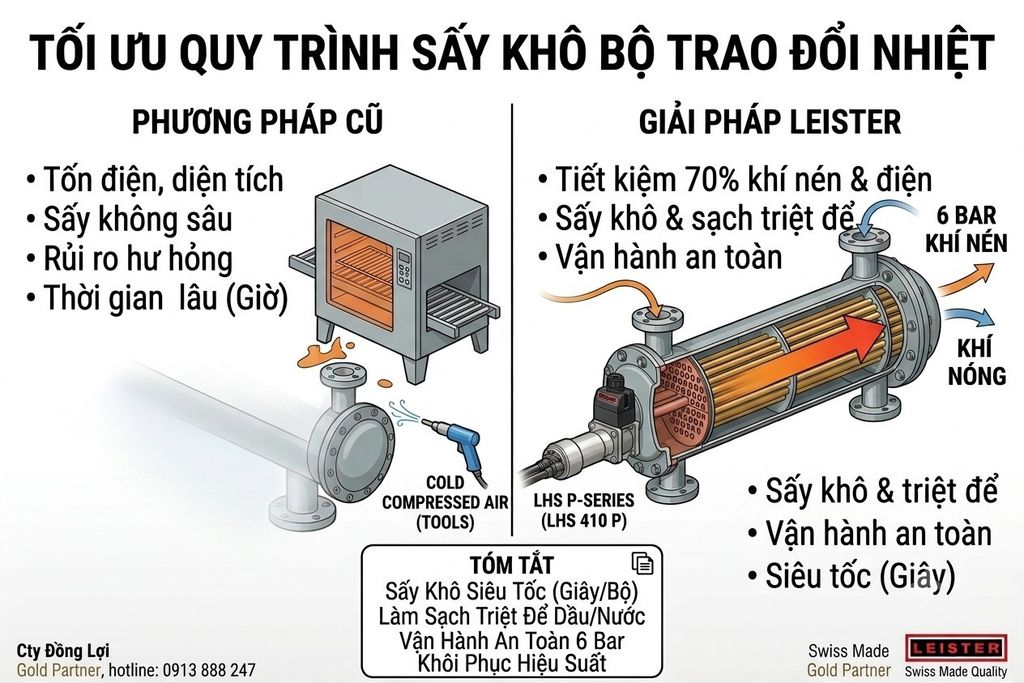 Tối Ưu Quy Trình Drying-Cleaning Heat Exchanger: Giải Pháp Sấy Khô Gia nhiệt Lòng Ống Trao Đổi Nhiệt Bằng Khí Nén 6 Bar Từ Leister