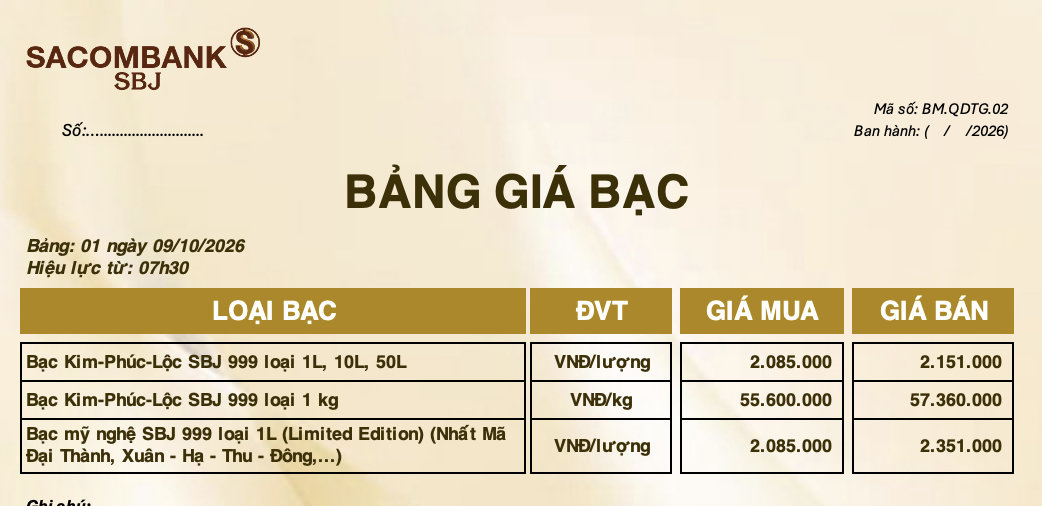 Bảng Tỷ Giá Bạc - Ngày 09/10/2026 - Bảng 1
