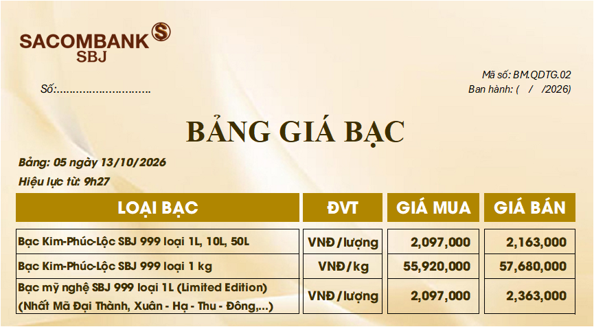 Bảng Tỷ Giá Bạc - Ngày 13/10/2026 - Bảng 5
