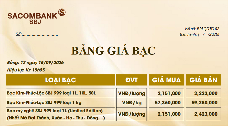 Bảng Tỷ Giá Bạc - Ngày 15/09/2026 - Bảng 12