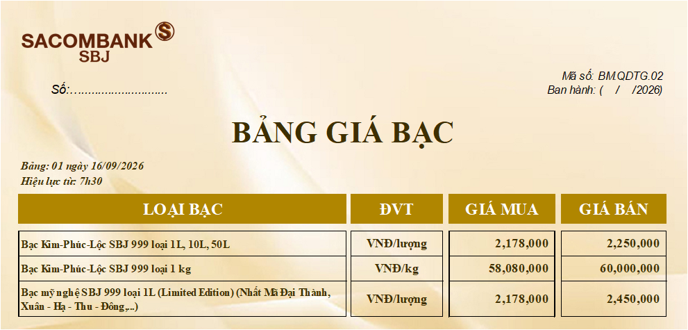 Bảng Tỷ Giá Bạc - Ngày 16/09/2026 - Bảng 1