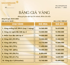Bảng Tỷ Giá Vàng - Ngày 20/01/2026 - Bảng 2 - Tại Chi nhánh/Điểm liên kết