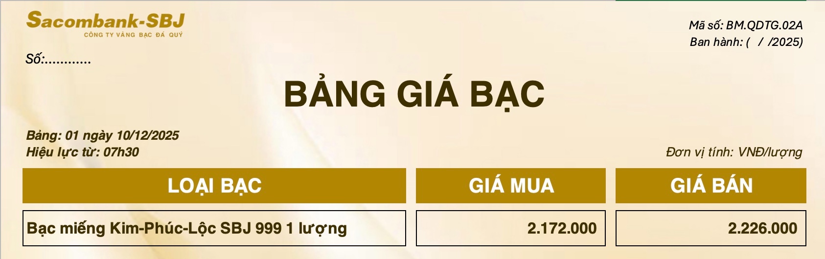 Bảng Tỷ Giá Bạc - Ngày 10/12/2025 - Bảng 1