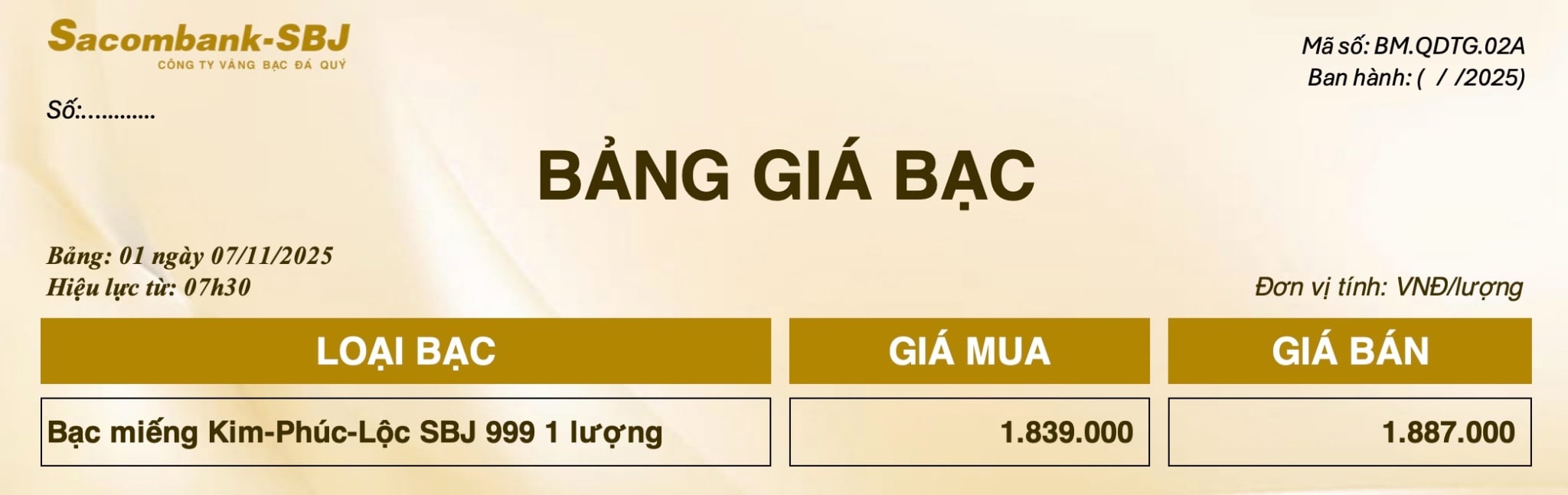 Bảng Tỷ Giá Bạc - Ngày 07/11/2025 - Bảng 1