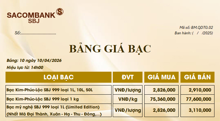 Bảng Tỷ Giá Bạc - Ngày 10/04/2026 - Bảng 10