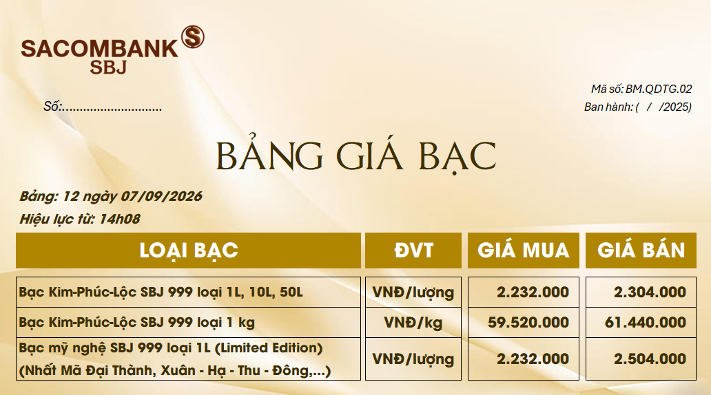 Bảng Tỷ Giá Bạc - Ngày 07/09/2026 - Bảng 12