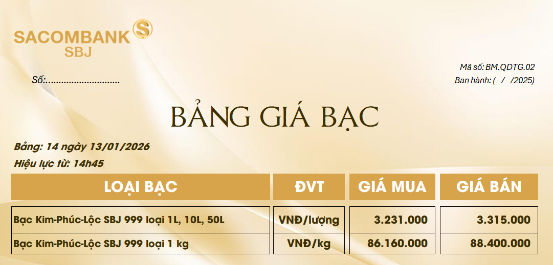 Bảng Tỷ Giá Bạc - Ngày 13/01/2026 - Bảng 14
