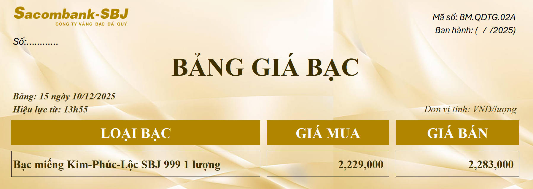Bảng Tỷ Giá Bạc - Ngày 10/12/2025 - Bảng 15