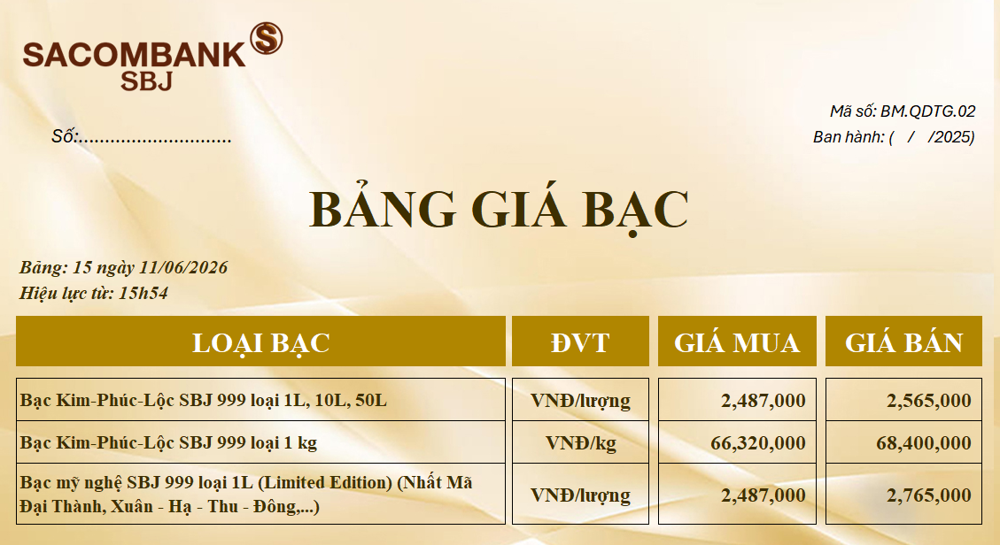 Bảng Tỷ Giá Bạc - Ngày 11/06/2026 - Bảng 15