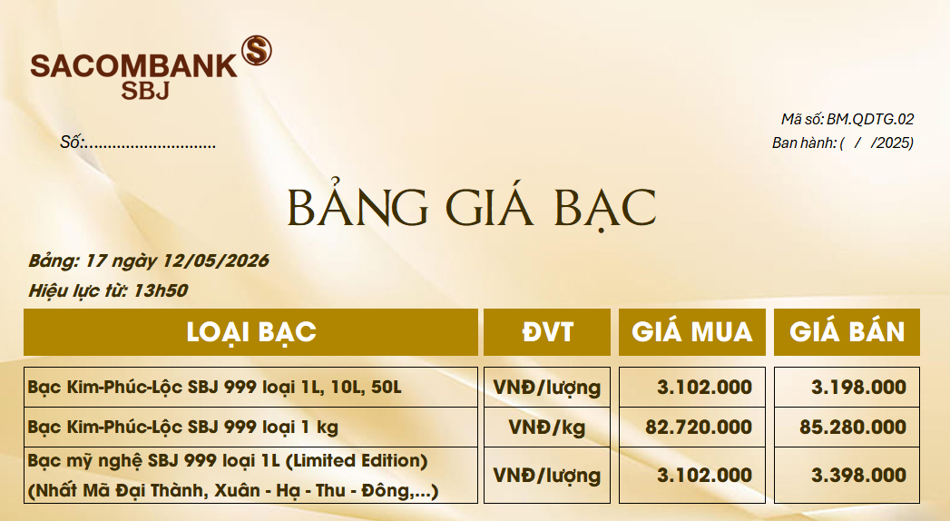 Bảng Tỷ Giá Bạc - Ngày 12/05/2026 - Bảng 17