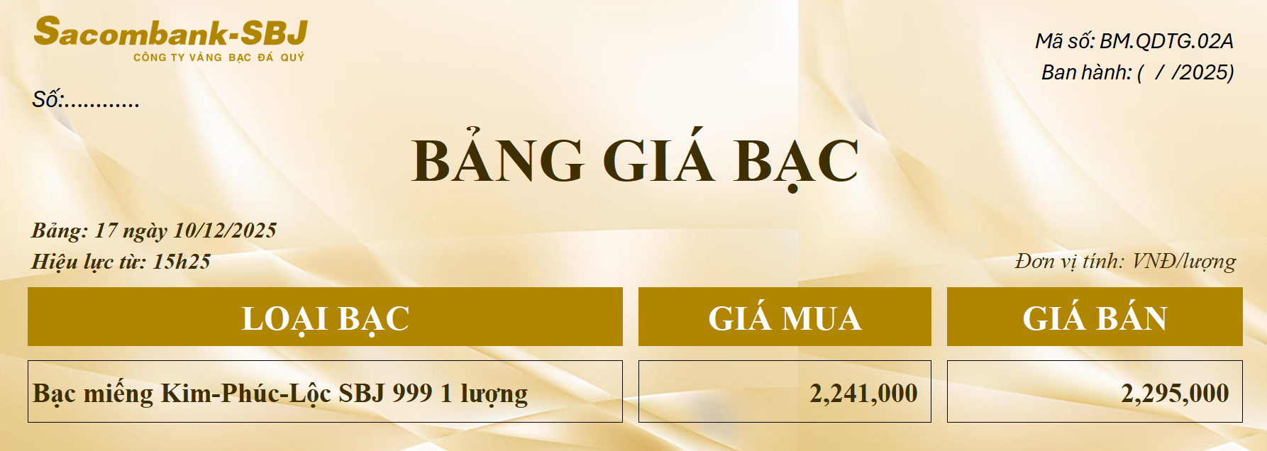 Bảng Tỷ Giá Bạc - Ngày 10/12/2025 - Bảng 17