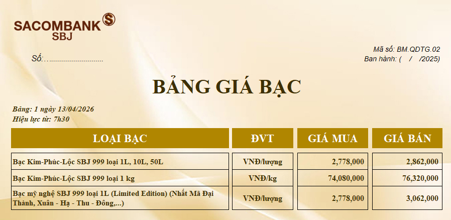 Bảng Tỷ Giá Bạc - Ngày 13/04/2026 - Bảng 1