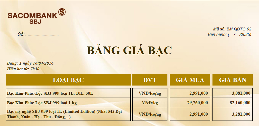 Bảng Tỷ Giá Bạc - Ngày 16/04/2026 - Bảng 1