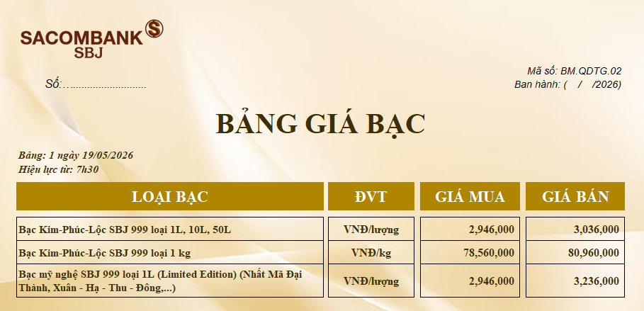 Bảng Tỷ Giá Bạc - Ngày 19/05/2026 - Bảng 1