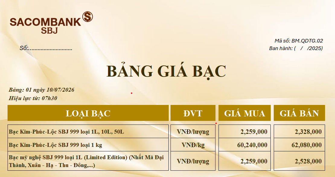 Bảng Tỷ Giá Bạc - Ngày 10/07/2026 - Bảng 1