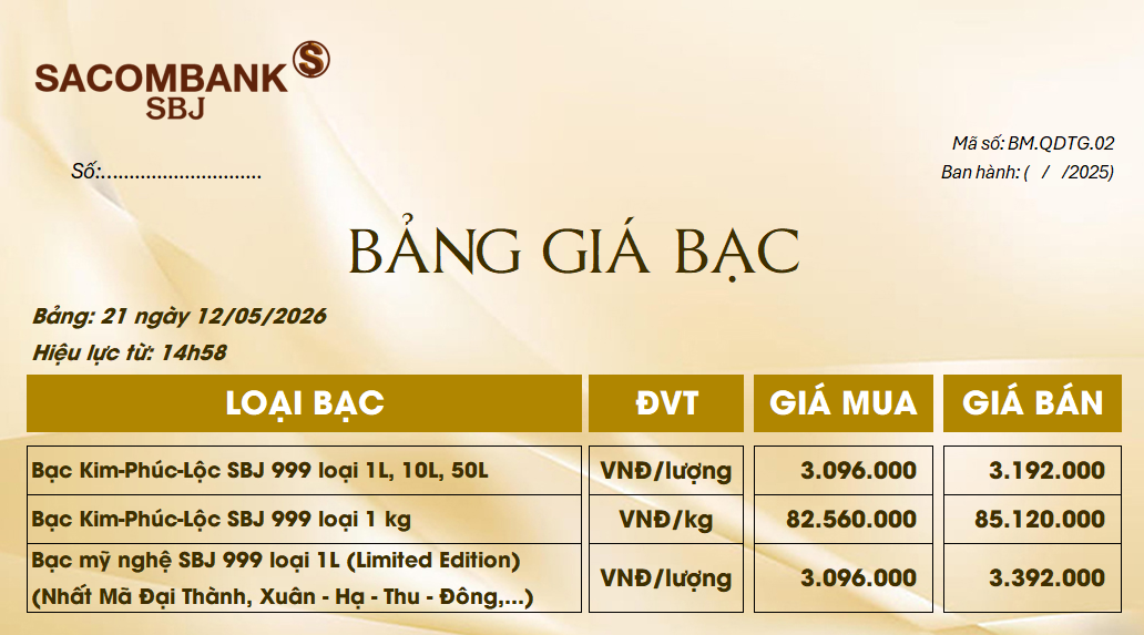 Bảng Tỷ Giá Bạc - Ngày 12/05/2026 - Bảng 21