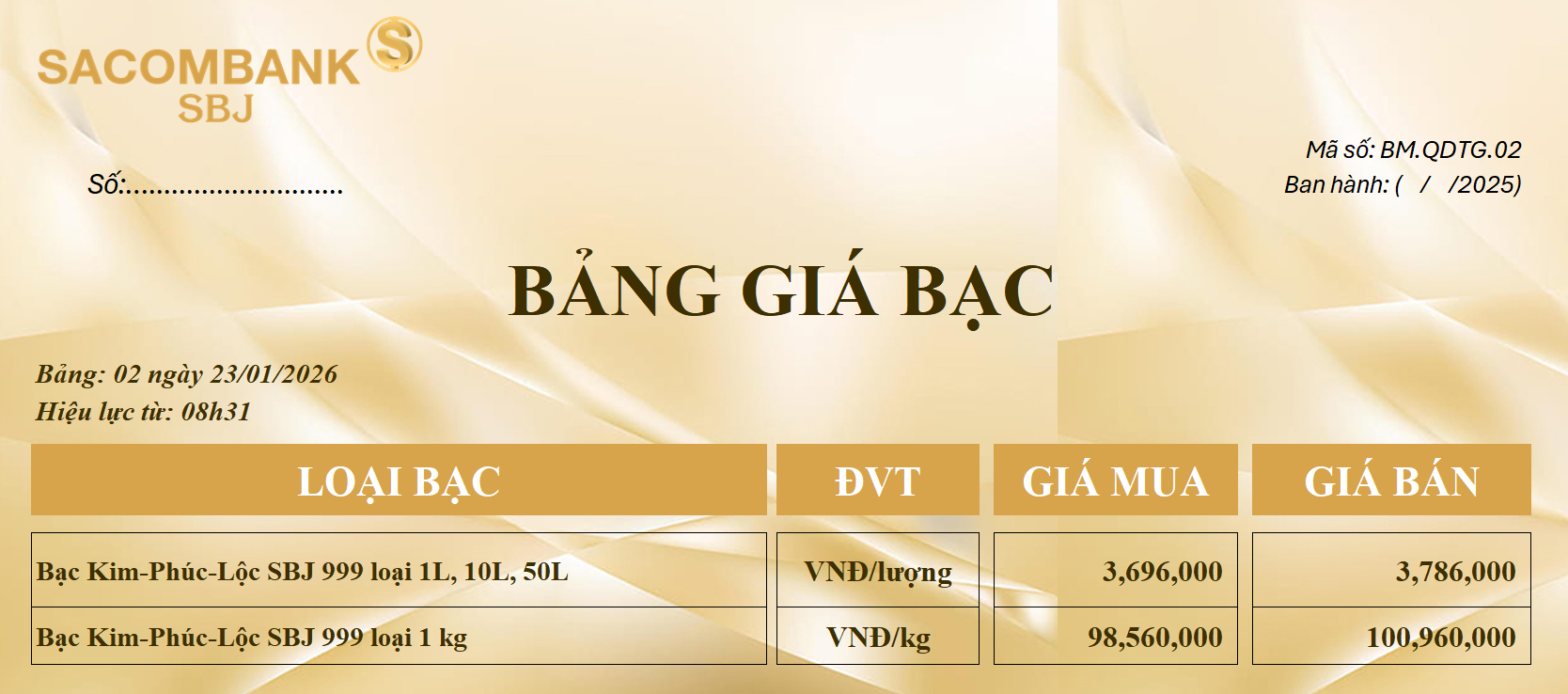 Bảng Tỷ Giá Bạc - Ngày 23/01/2026 - Bảng 2
