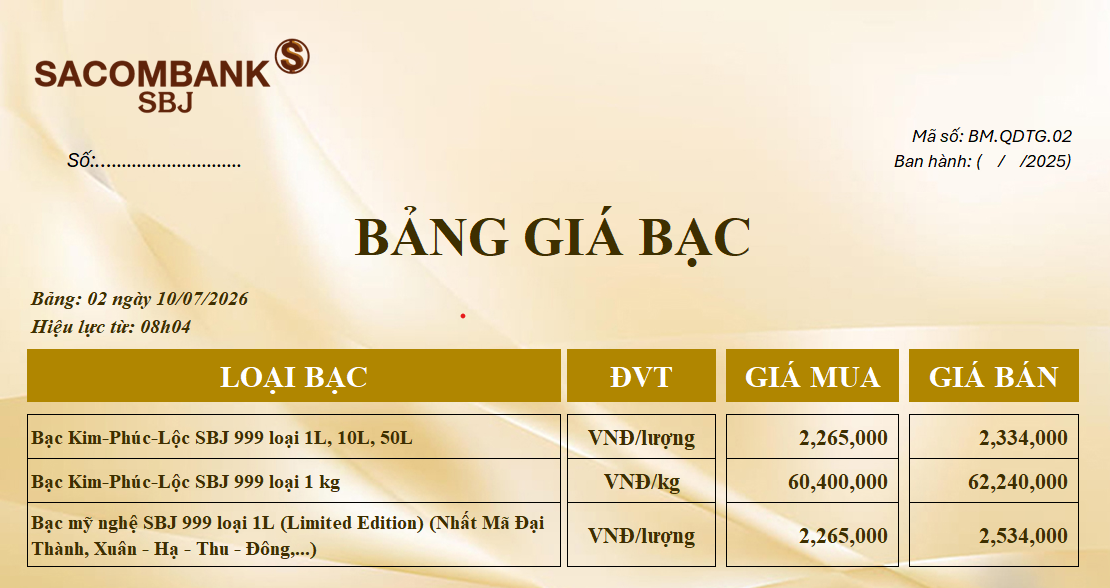 Bảng Tỷ Giá Bạc - Ngày 10/07/2026 - Bảng 2