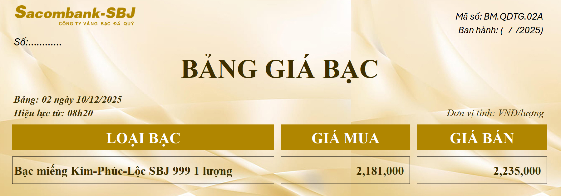 Bảng Tỷ Giá Bạc - Ngày 10/12/2025 - Bảng 2