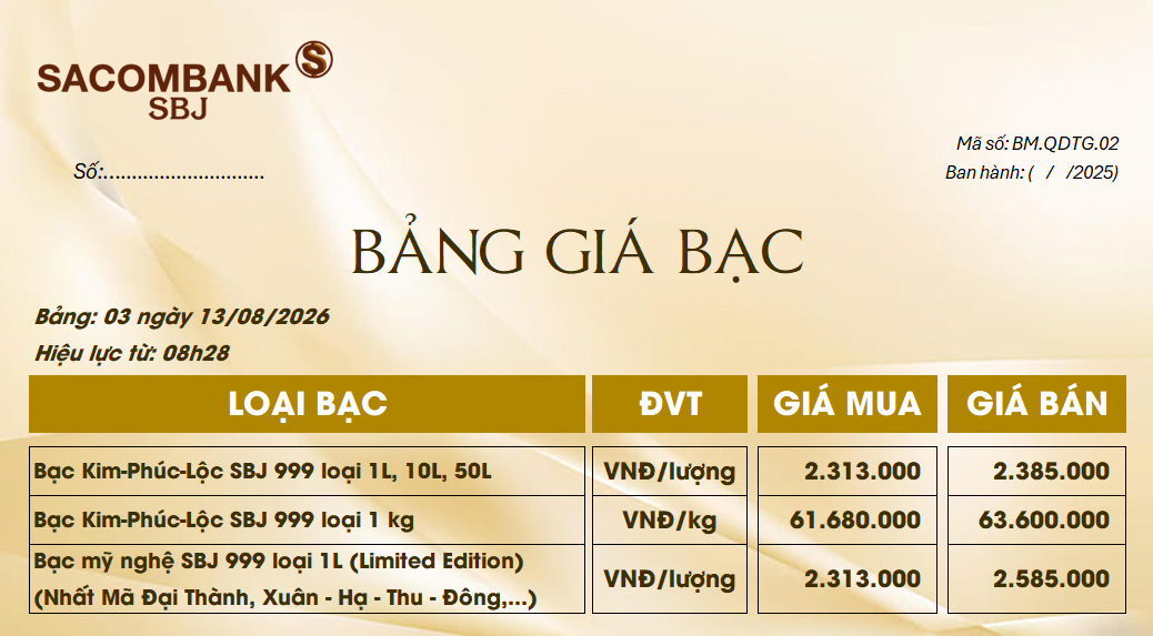 Bảng Tỷ Giá Bạc - Ngày 13/08/2026 - Bảng 3