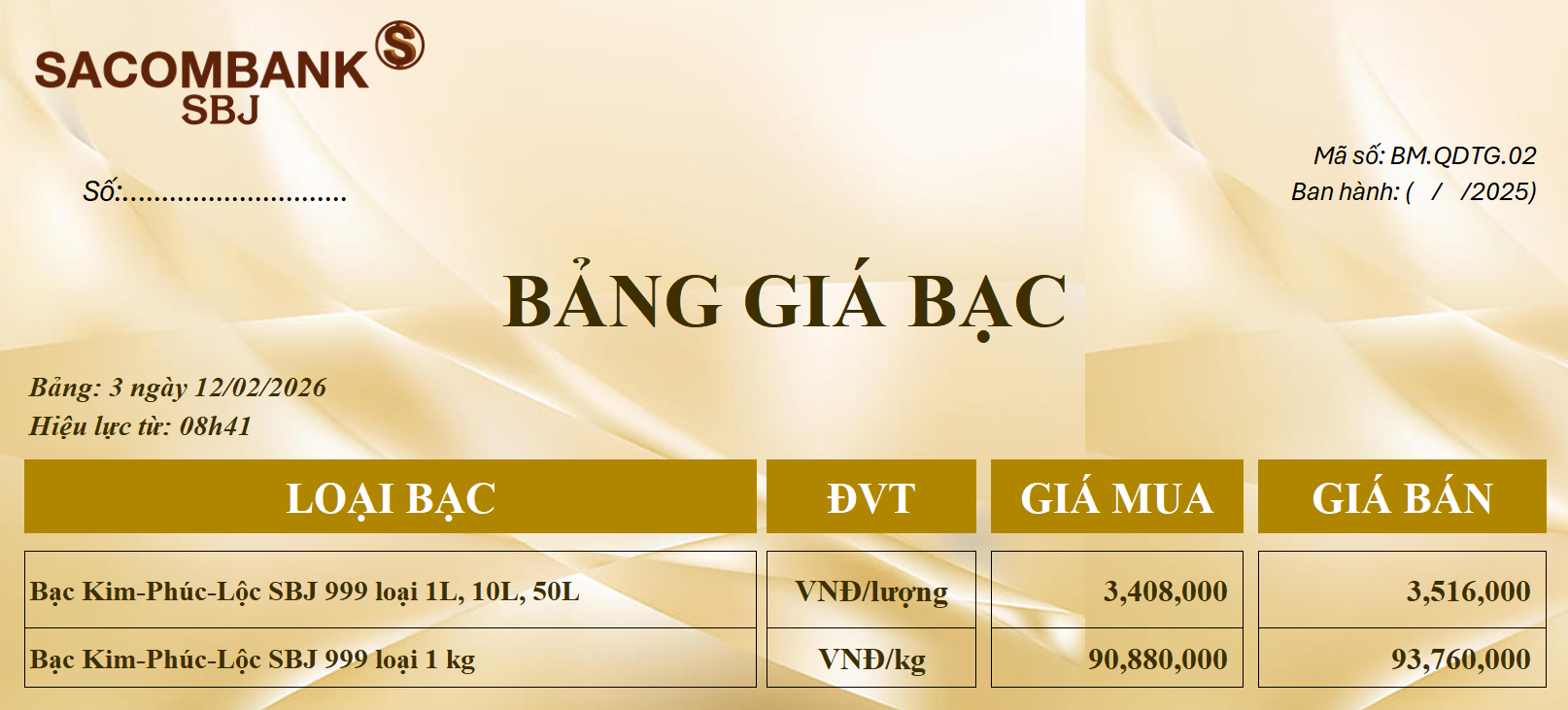 Bảng Tỷ Giá Bạc - Ngày 12/02/2026 - Bảng 3