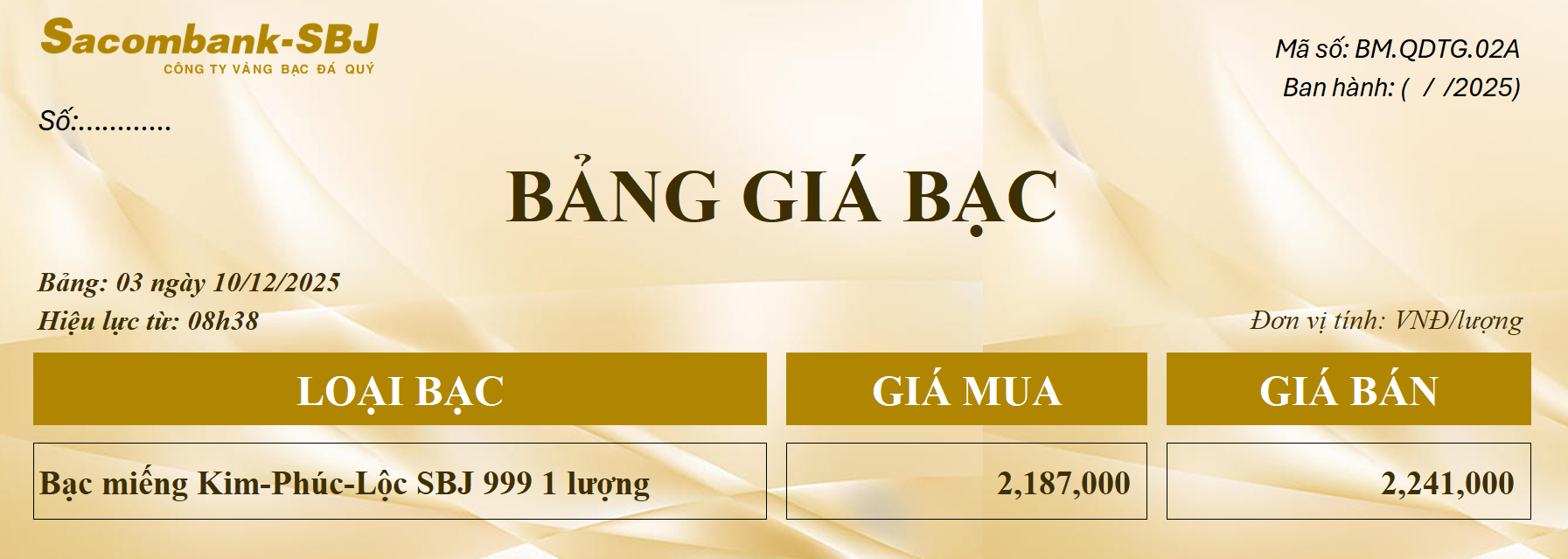 Bảng Tỷ Giá Bạc - Ngày 10/12/2025 - Bảng 3