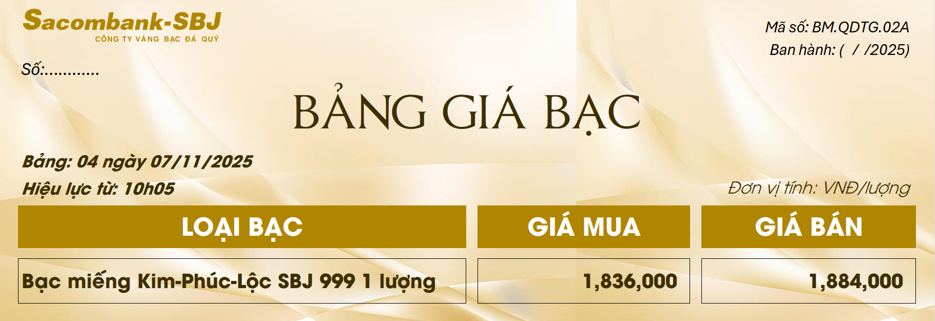 Bảng Tỷ Giá Bạc - Ngày 07/11/2025 - Bảng 4