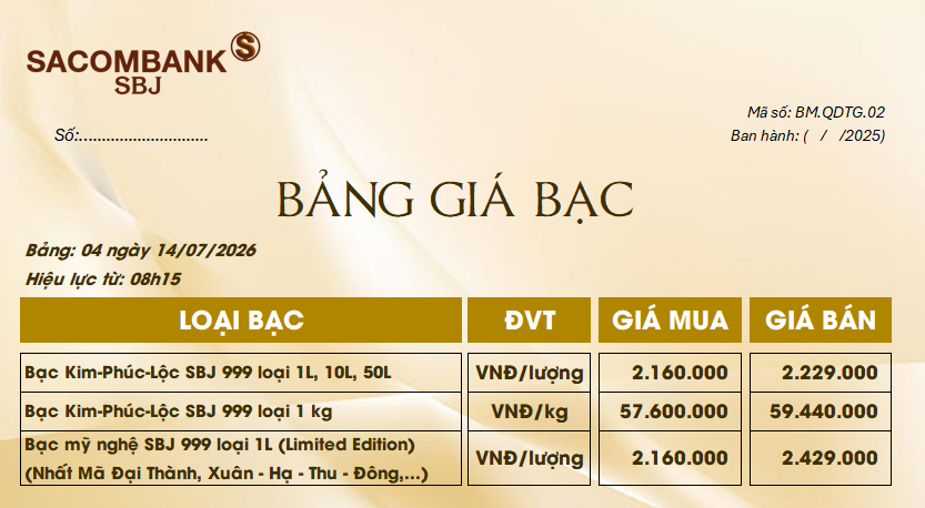 Bảng Tỷ Giá Bạc - Ngày 14/07/2026 - Bảng 4