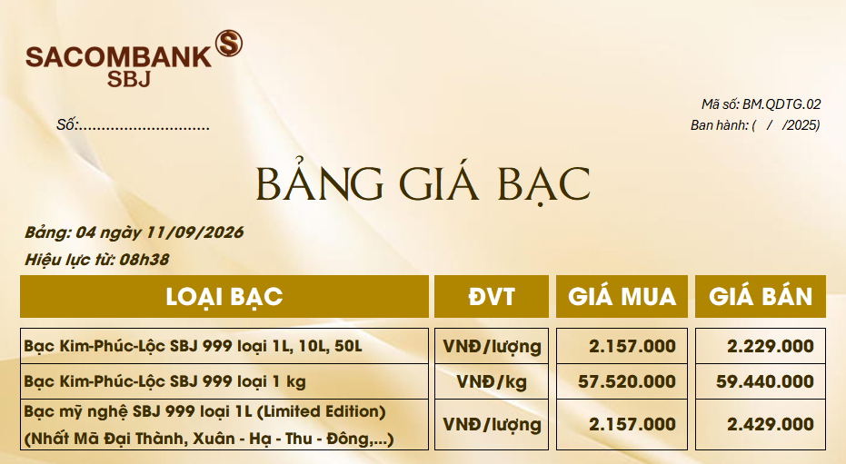 Bảng Tỷ Giá Bạc - Ngày 11/09/2026 - Bảng 4