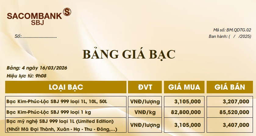 Bảng Tỷ Giá Bạc - Ngày 16/03/2026 - Bảng 4