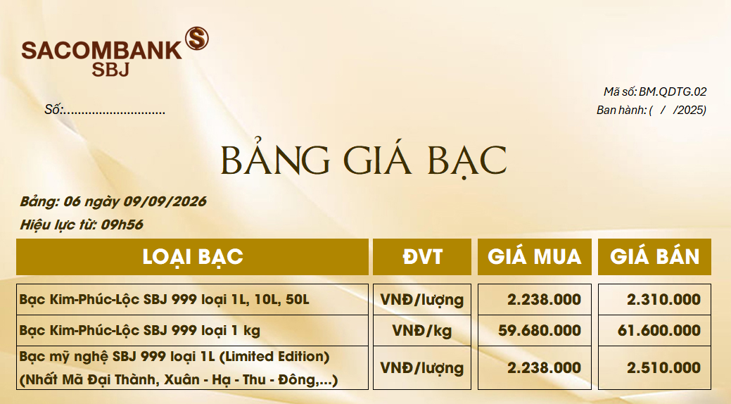 Bảng Tỷ Giá Bạc - Ngày 09/09/2026 - Bảng 6