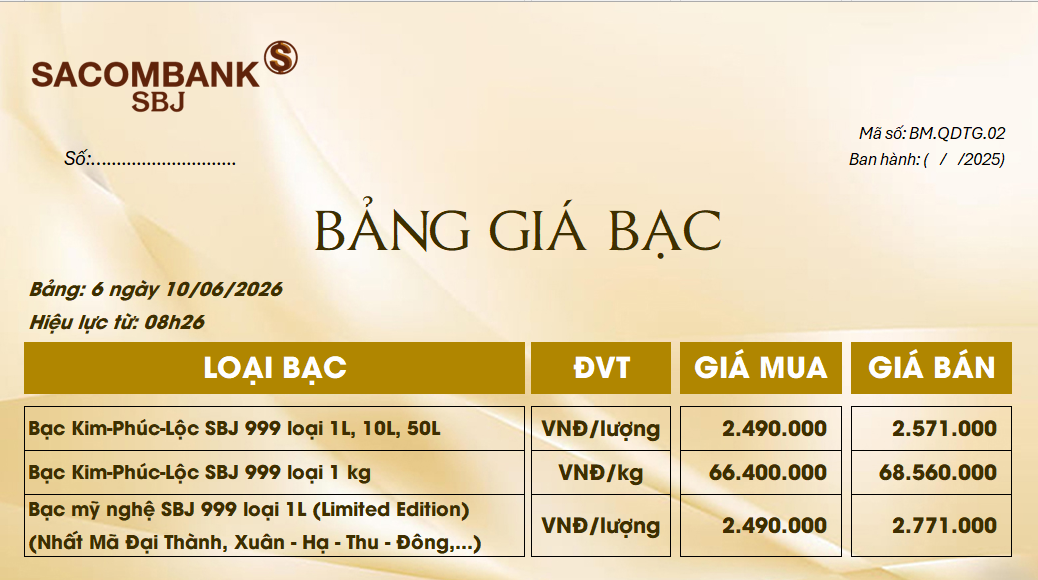 Bảng Tỷ Giá Bạc - Ngày 10/06/2026 - Bảng 6