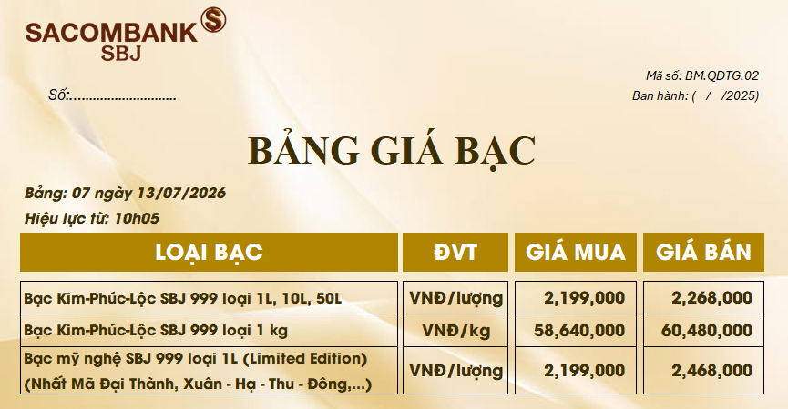 Bảng Tỷ Giá Bạc - Ngày 13/07/2026 - Bảng 7