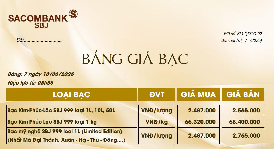 Bảng Tỷ Giá Bạc - Ngày 10/06/2026 - Bảng 7