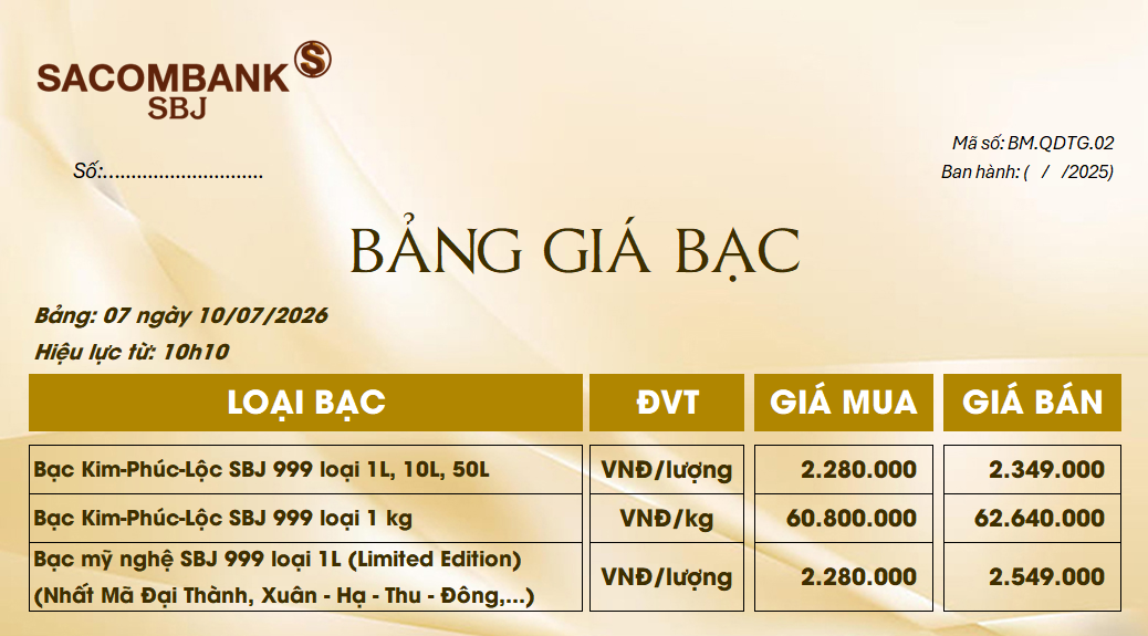Bảng Tỷ Giá Bạc - Ngày 10/07/2026 - Bảng 7
