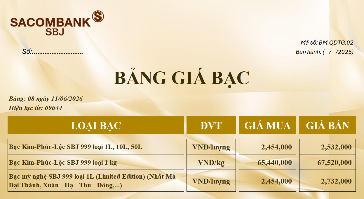 Bảng Tỷ Giá Bạc - Ngày 11/06/2026 - Bảng 8
