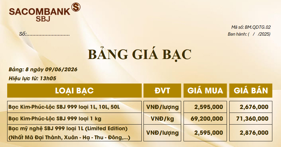 Bảng Tỷ Giá Bạc - Ngày 09/06/2026 - Bảng 8
