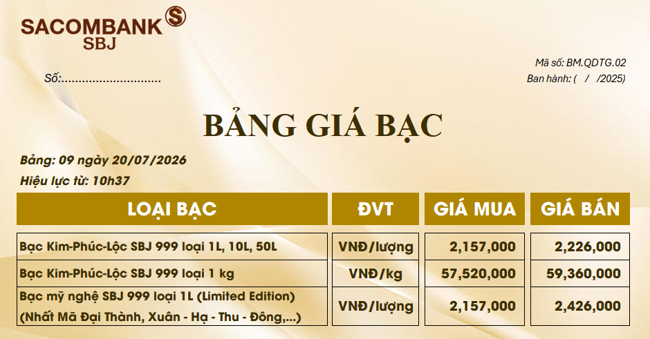 Bảng Tỷ Giá Bạc - Ngày 20/07/2026 - Bảng 9