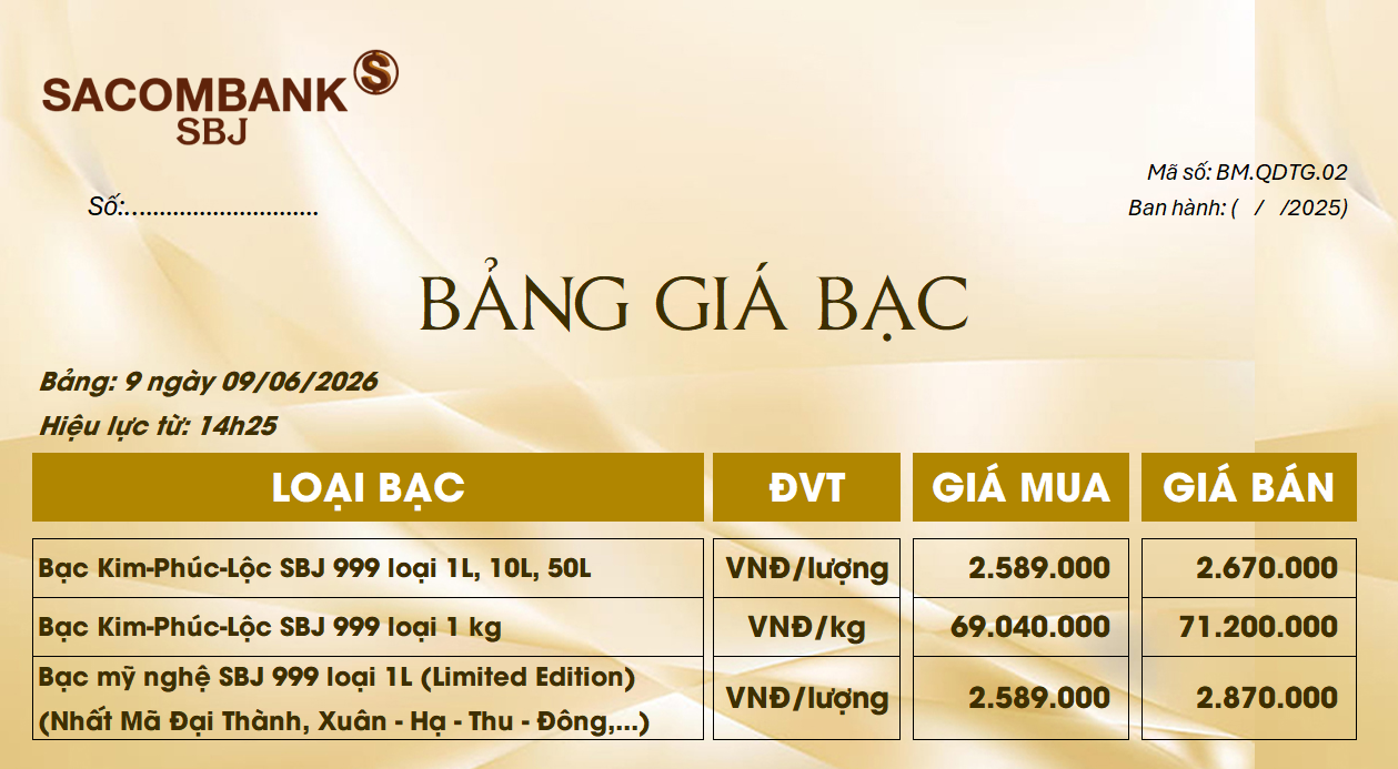 Bảng Tỷ Giá Bạc - Ngày 09/06/2026 - Bảng 9