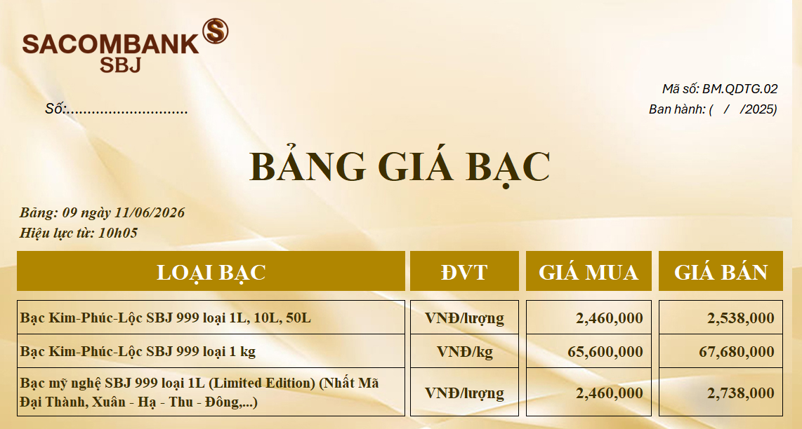 Bảng Tỷ Giá Bạc - Ngày 11/06/2026 - Bảng 9