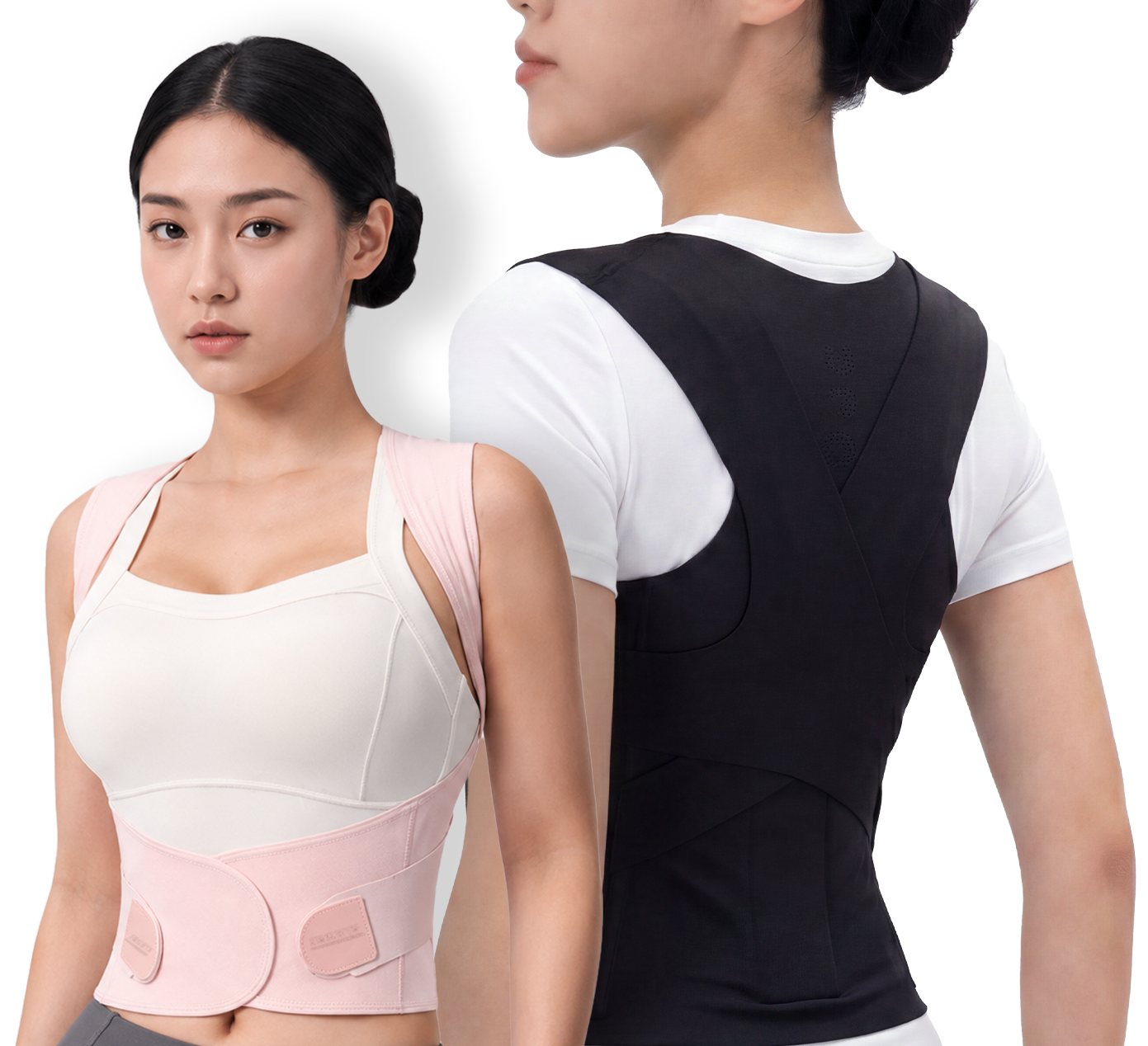 ẢNH 1 — Người mẫu đeo đai (mặt sau / 3-4), full ảnh, không cắt đầu